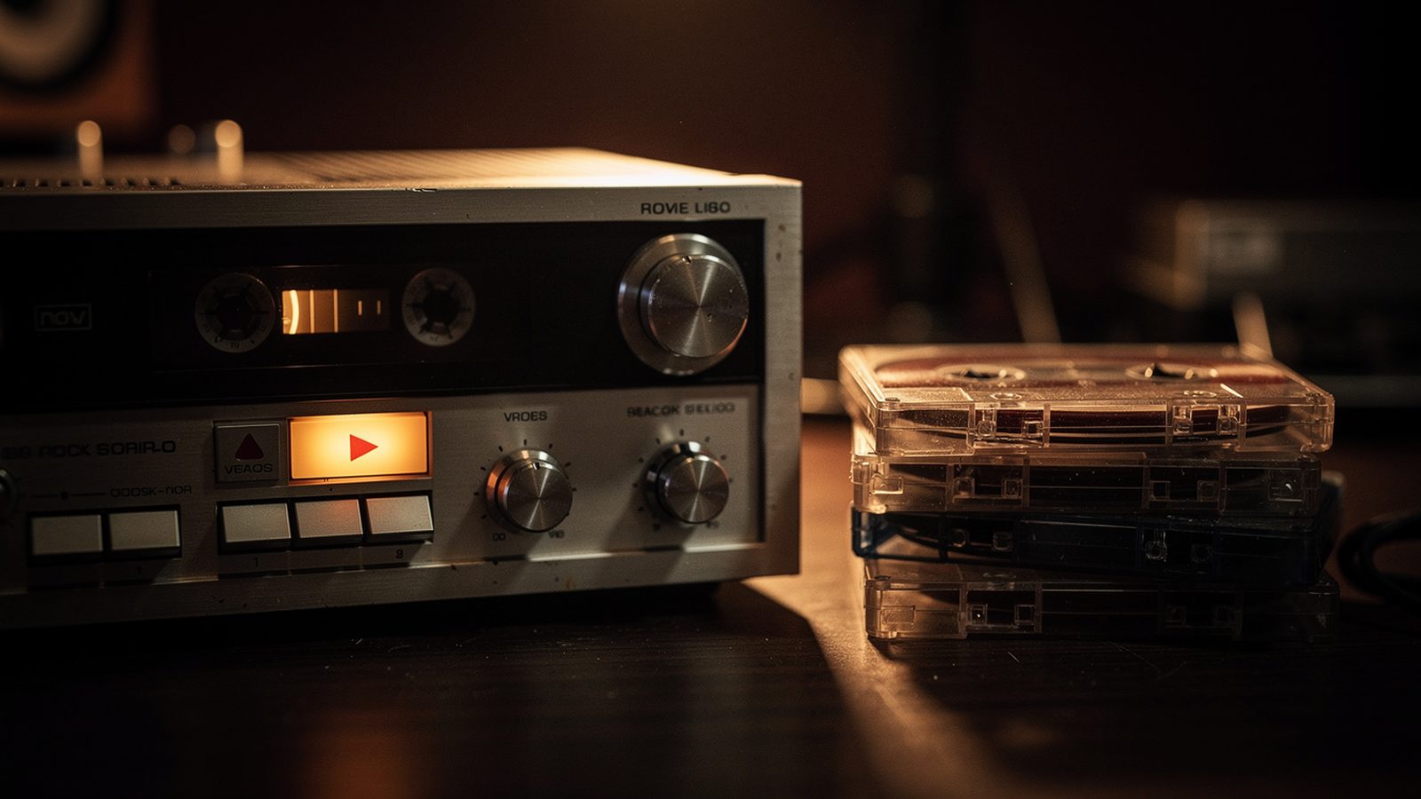A vintage cassette deck with the play button glowing amber and a stack of clear-shell cassettes beside it, dim warm room — the i–♭VI–♭III–♭VII natural minor loop was the soundtrack of the alt-rock era these tapes captured