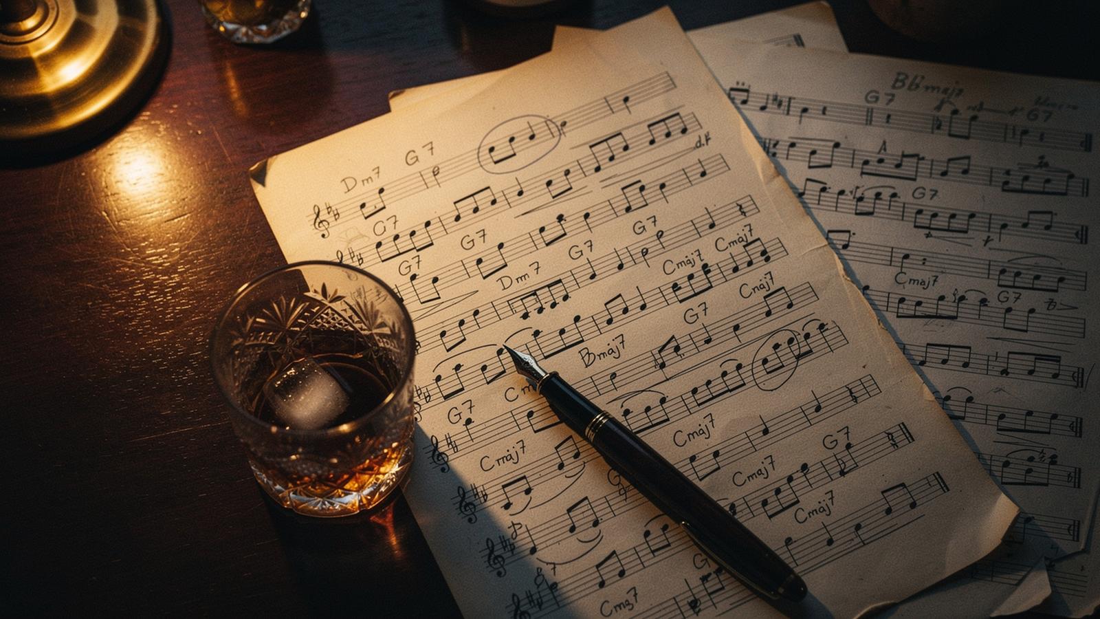 Jazz lead-sheet pages spread on a dark wood table with handwritten and printed chord symbols (Dm7, G7, Cmaj7, B♭maj7), a tumbler of whiskey on ice and a fountain pen catching warm desk-lamp light — the ii–V–I is the harmonic skeleton inside almost every chart on the page