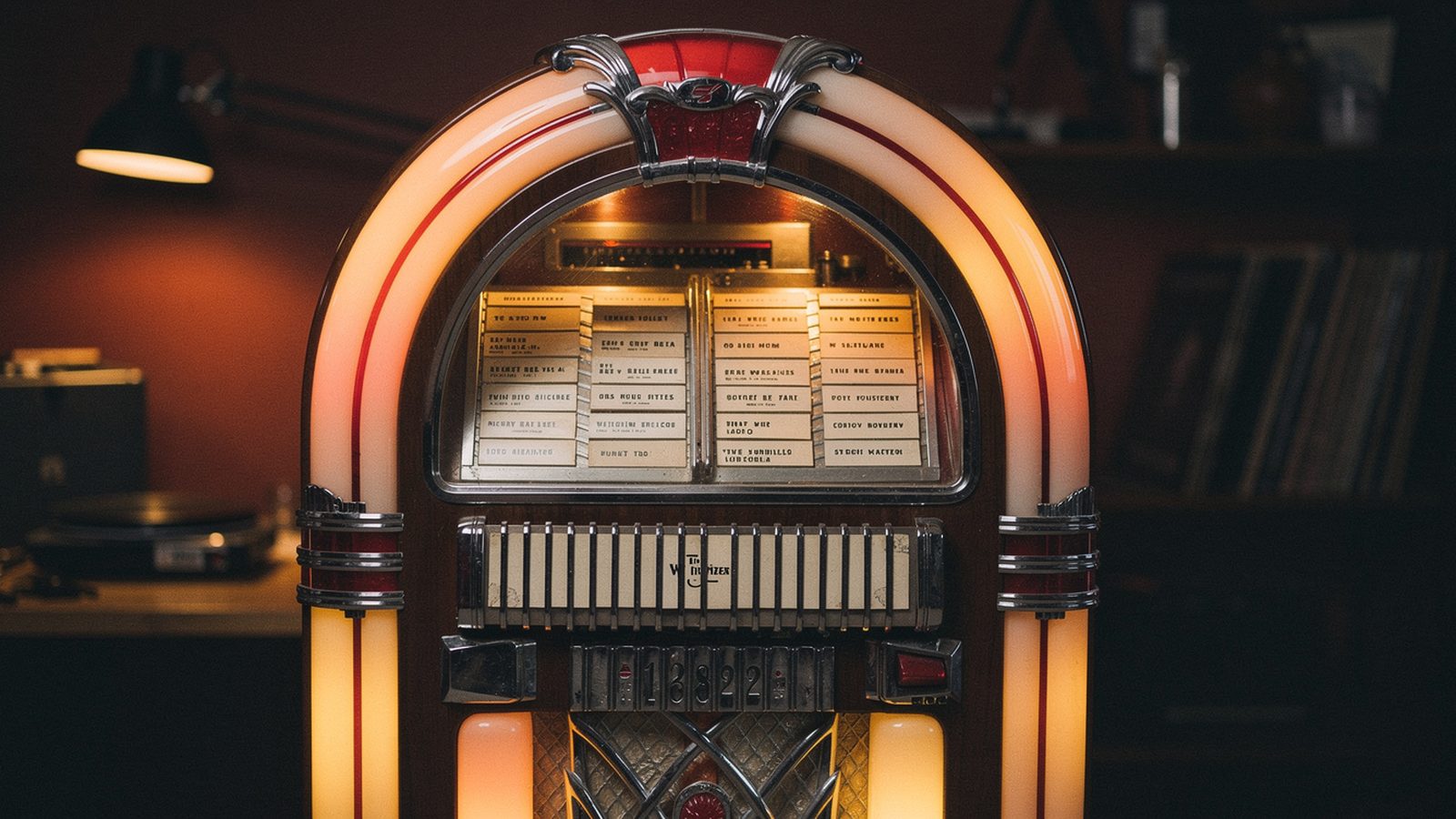 A 1950s Wurlitzer-style jukebox with chrome trim, glowing amber bulbs, and song selection cards visible behind the glass — the I–vi–IV–V doo-wop progression filled jukeboxes like this for two decades