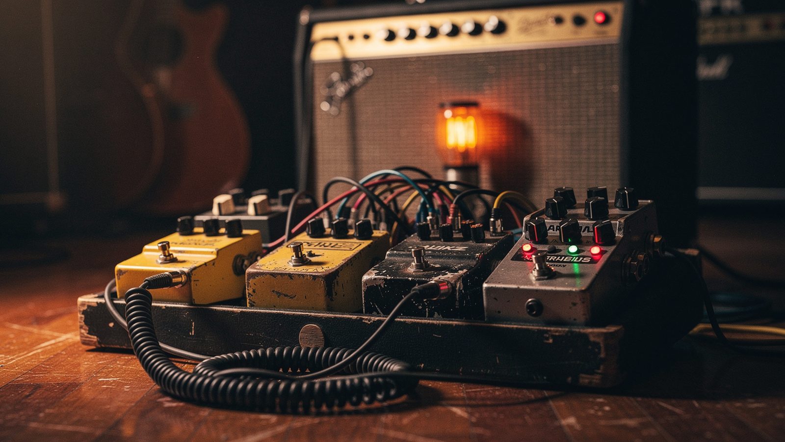 A vintage guitar pedalboard with worn analog stompboxes, tangled patch cables, and a tube amp glowing warm amber behind it — the rig built for the I–♭VII–IV classic rock sound