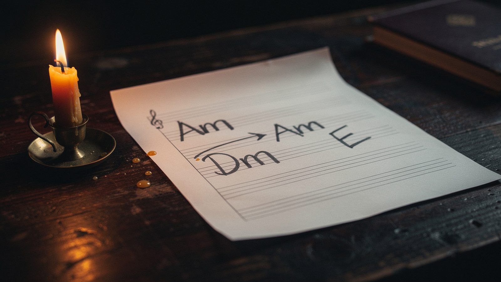 A sheet of staff paper on a dark wooden desk with hand-drawn chord symbols Am → Dm → Am → E lit by a single beeswax candle — the literal i–iv–V harmonic minor progression that powers "House of the Rising Sun"