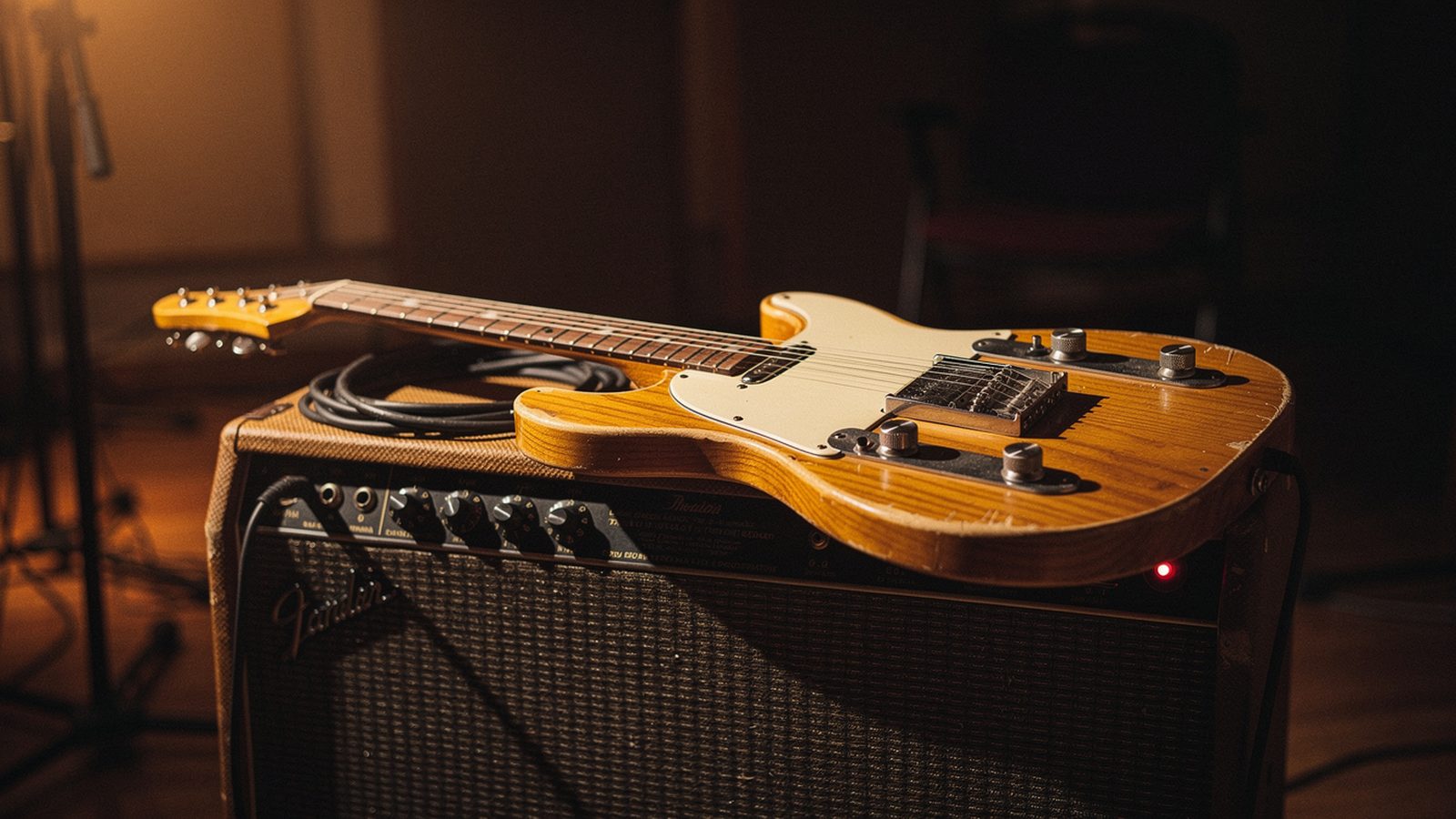 A vintage natural-finish Telecaster resting on a tweed Fender amp in a dim recording room — the I–IV–V is the harmonic engine of the rock and blues that this rig was built for