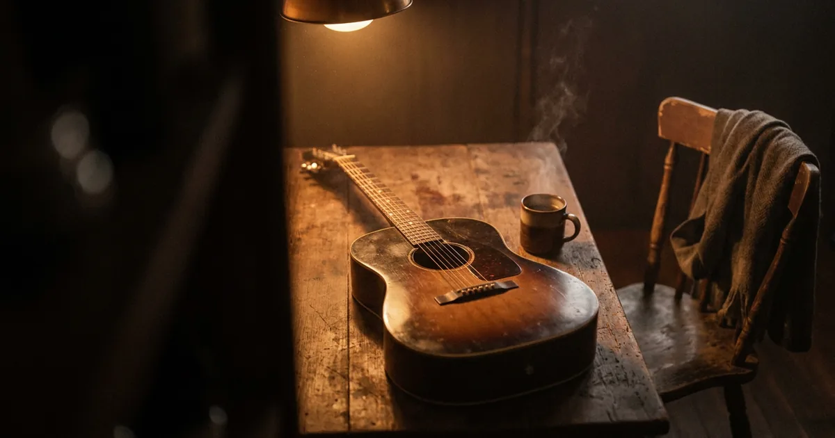 An acoustic guitar and a cooling mug on a worn wooden table under a warm lamp, the workspace of a songwriter fitting lyrics to a melody