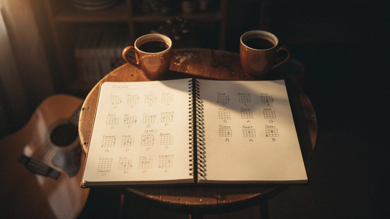 Open spiral notebook on a small round wooden table with handwritten chord charts and lyric lines on the page, two ceramic coffee cups in opposite corners catching warm amber light, an acoustic guitar leaning against the table just visible in the deep bokeh, warm window side-light, intimate two-writer collaborative workspace