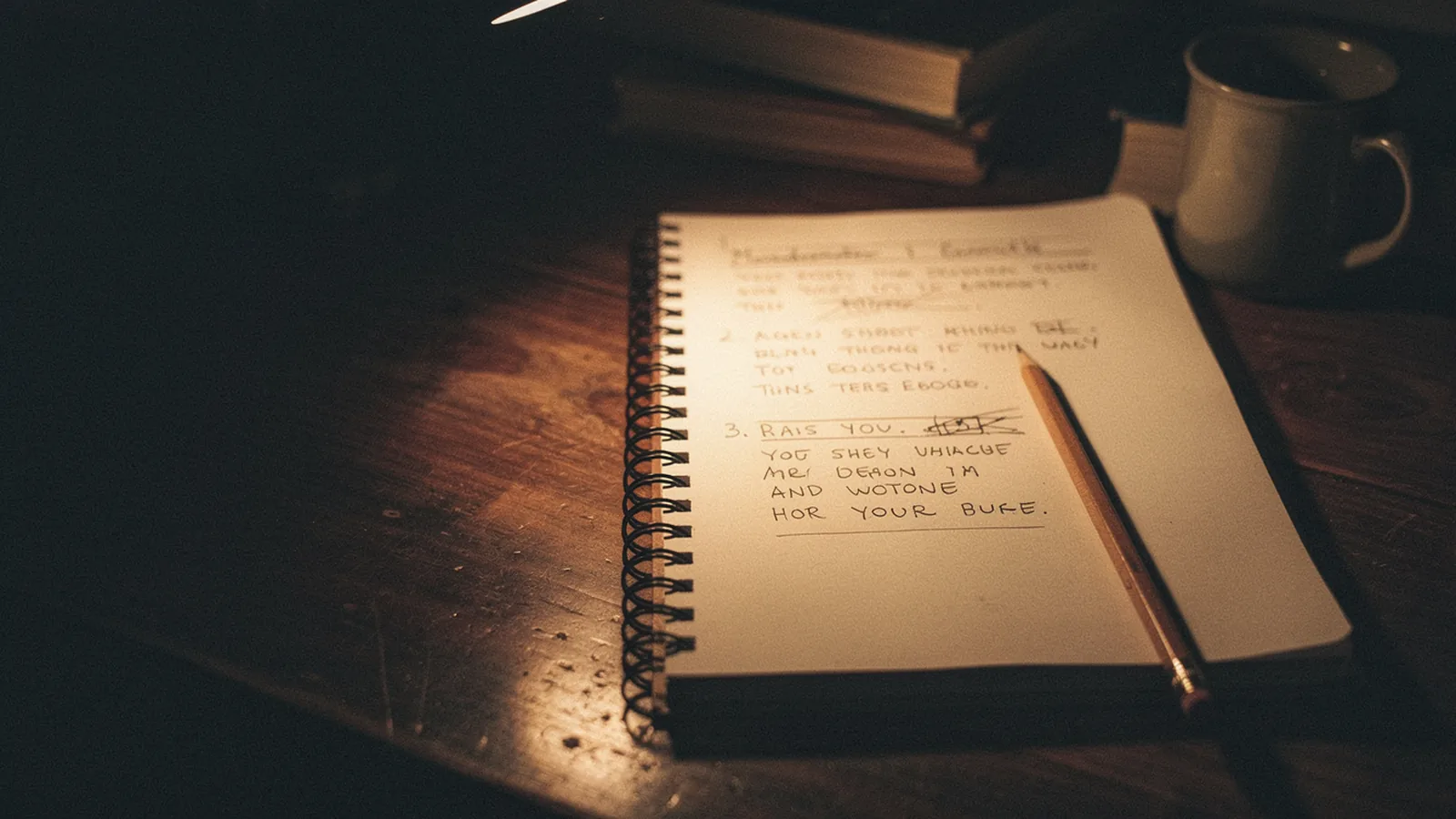 Open spiral notebook on a wooden desk with two short verses sketched in pencil, a few words crossed out and rewritten above the line, a pencil resting at an angle on the open page, a coffee mug just visible at the upper edge of the frame, warm desk-lamp pool of light fading into deep amber shadow