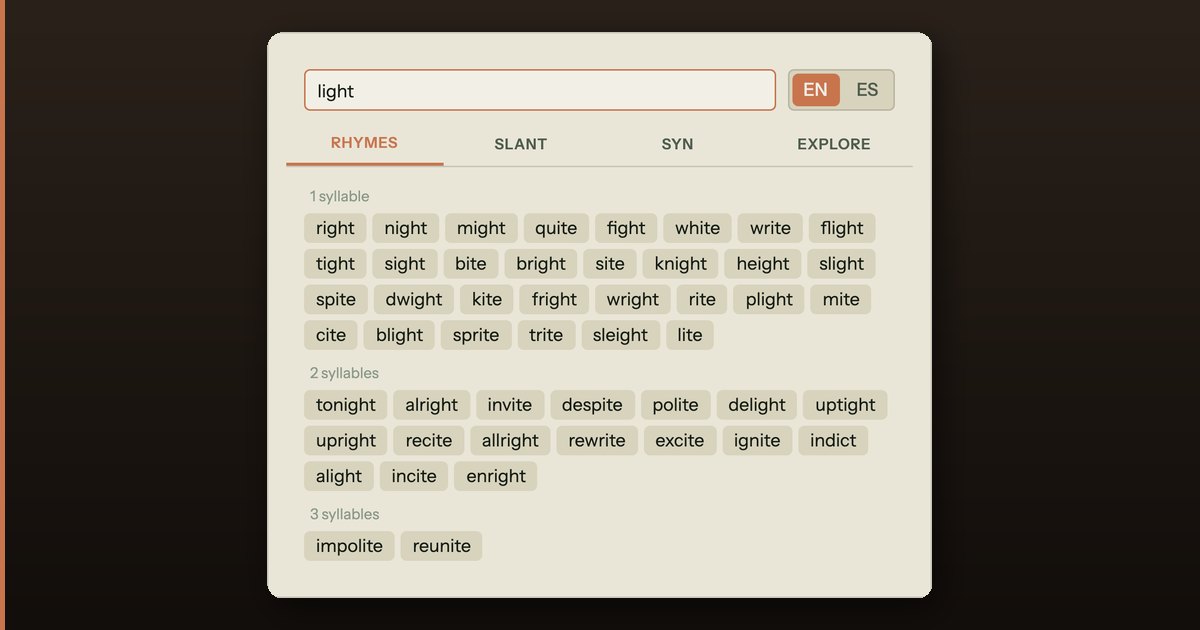 Song Cage Words panel showing rhymes for the word light grouped by syllable count, with Rhymes, Slant, Syn, and Explore tabs beside the lyrics