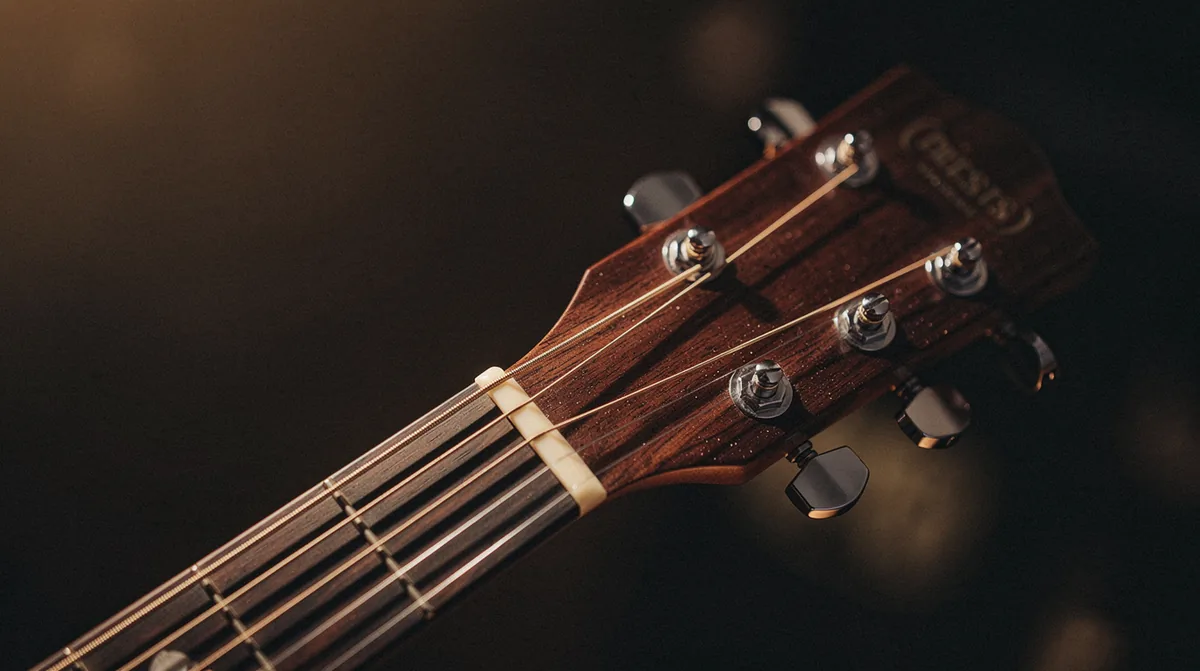 Overhead detail of an acoustic guitar headstock with all six tuning pegs and the nut visible, individual steel strings extending toward the fretboard catching warm amber side-light from the left, the wood grain of the headstock glowing in the light, deep umber-brown bokeh fading into shadow