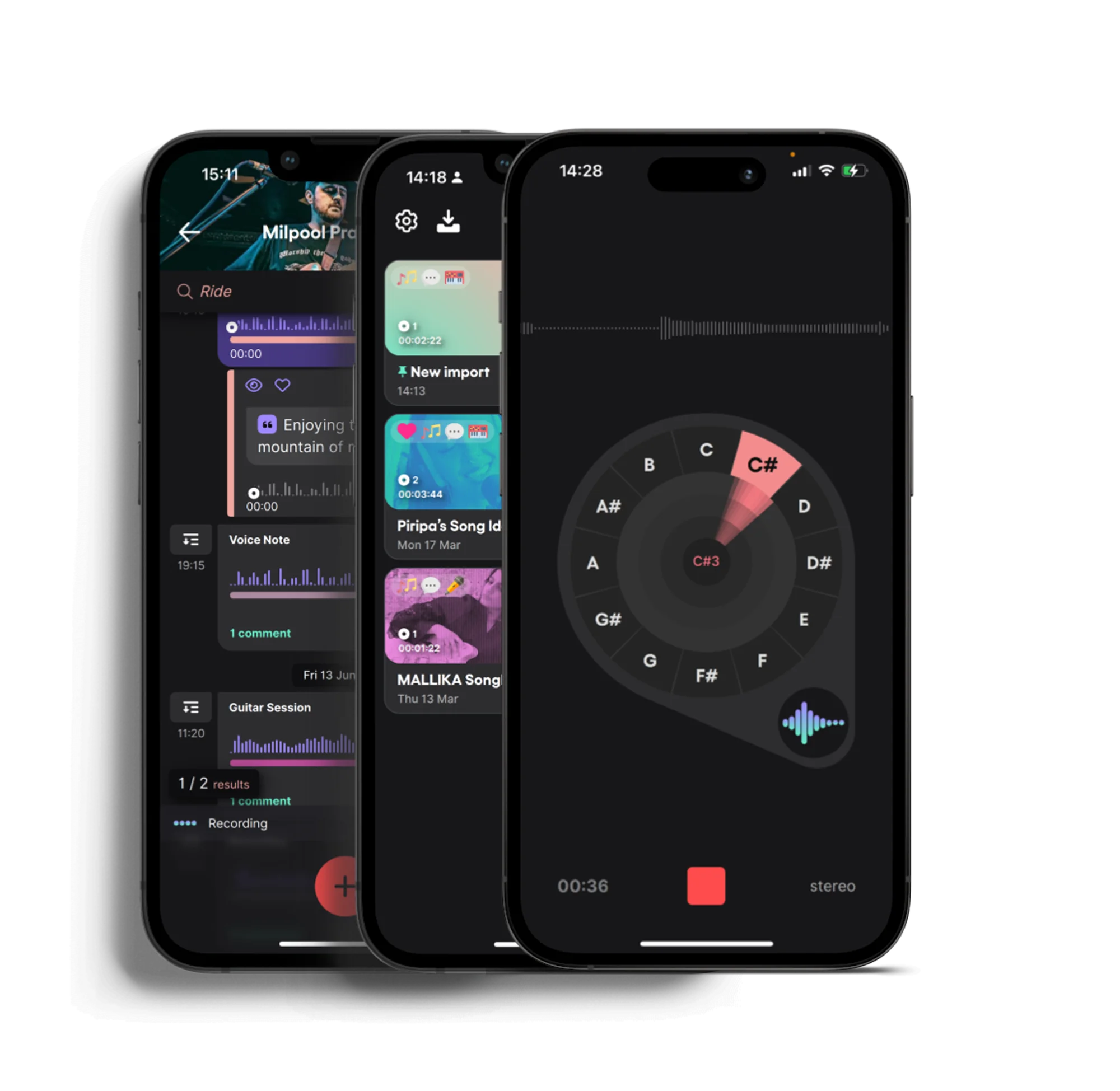 Dubnote auto-splits recordings into sections (verses, hooks, riffs) and detects BPM and lyrics on every voice memo — shown as the notebook view with organized takes.