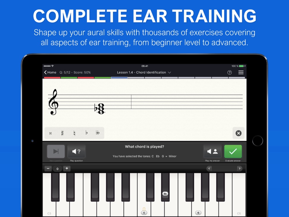 EarMaster chord identification exercise on iPad showing a chord on a treble and bass staff with a piano keyboard and answer buttons below