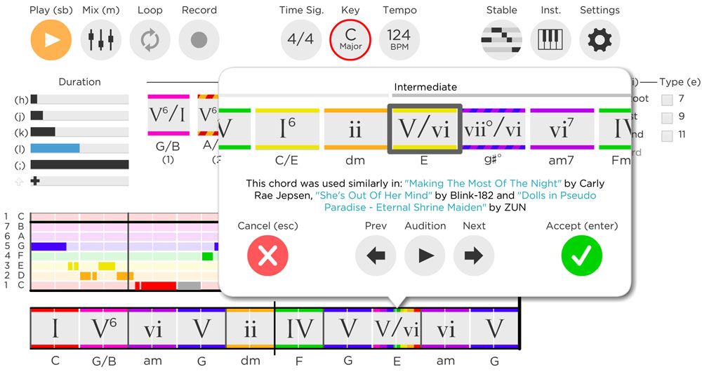 Hookpad chord suggestion interface showing chord palette and melody guide