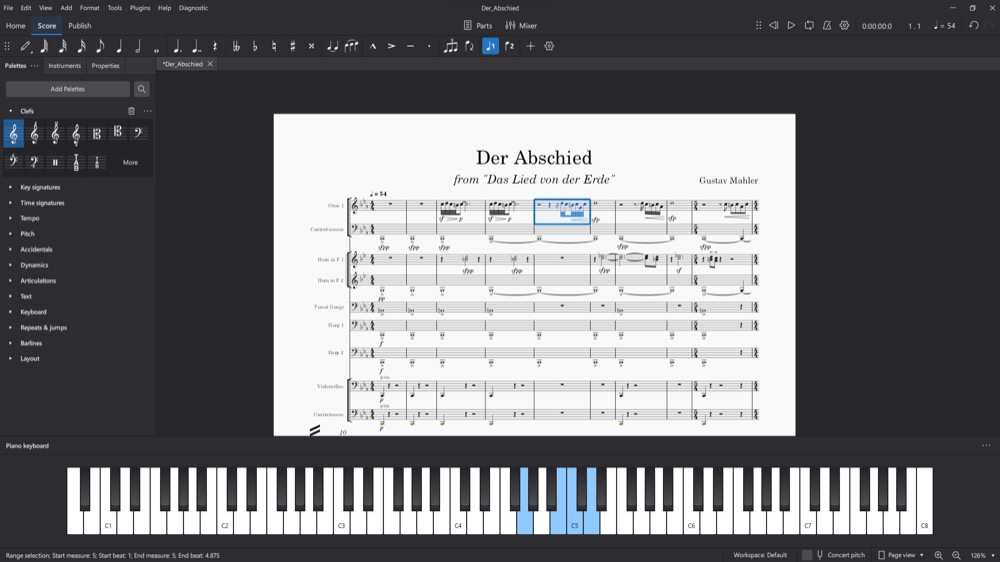 MuseScore Studio 4 in dark mode showing a Mahler orchestral score, palette panel, virtual piano keyboard, and notation toolbar
