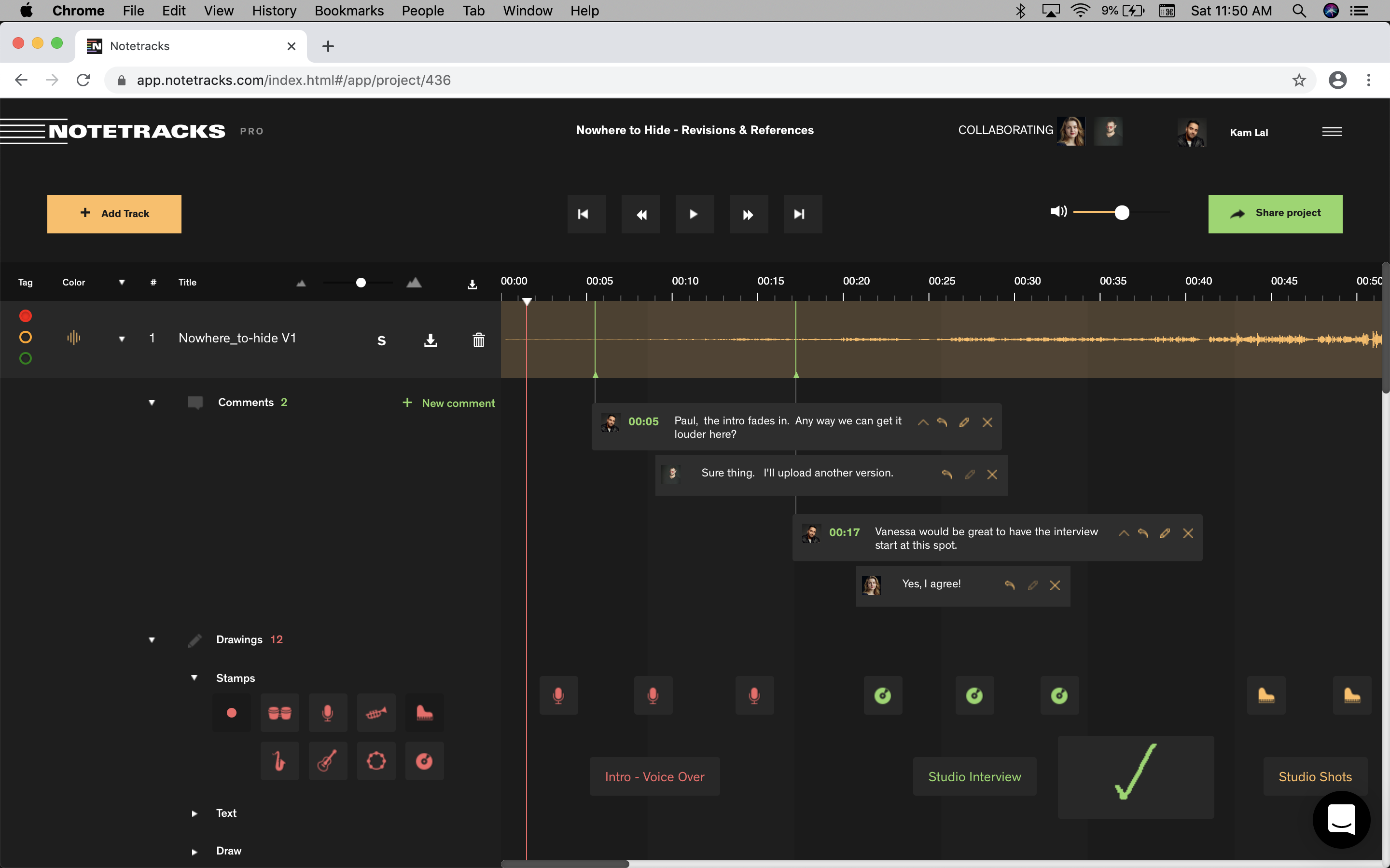 Notetracks collaborative audio review — time-stamped comments pinned to exact moments on the waveform, visible to all co-writers.
