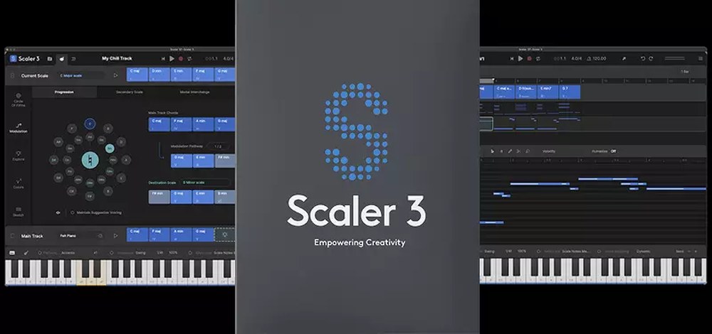 Scaler 3 main interface showing chord palette, key detection, and chord sets inside a DAW-style plugin window