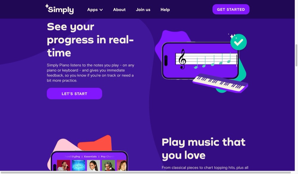 Simply Piano feature page showing real-time feedback on a phone displaying sheet music with a moving cursor while the app listens to the player's piano notes
