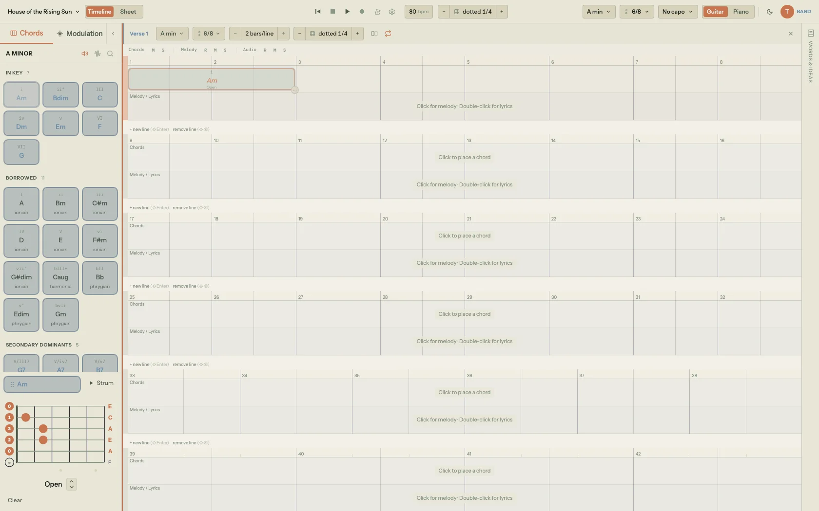 Song Cage in Guitar mode showing the Timeline view for House of the Rising Sun in A minor, with the three-tab chord palette (In Key, Borrowed, Secondary Dominants) on the left, the Am chord placed on beat 1 of Verse 1, and a guitar fretboard diagram showing the Am chord fingering at the bottom of the palette