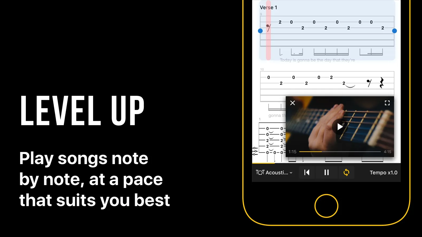 Ultimate Guitar Pro's interactive tab viewer on iOS, showing tab notation for a song with synchronised playback timeline, track selector, transport controls, and tempo control