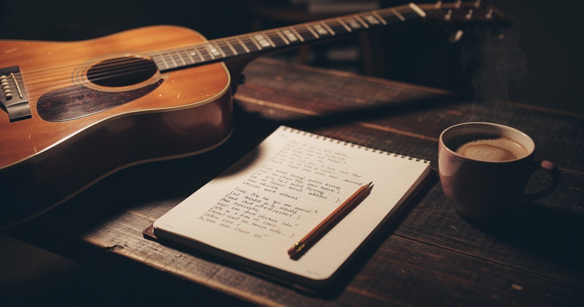 An acoustic guitar beside an open notebook of handwritten verse and chorus lyrics on a dark desk, the starting point for building a song's structure
