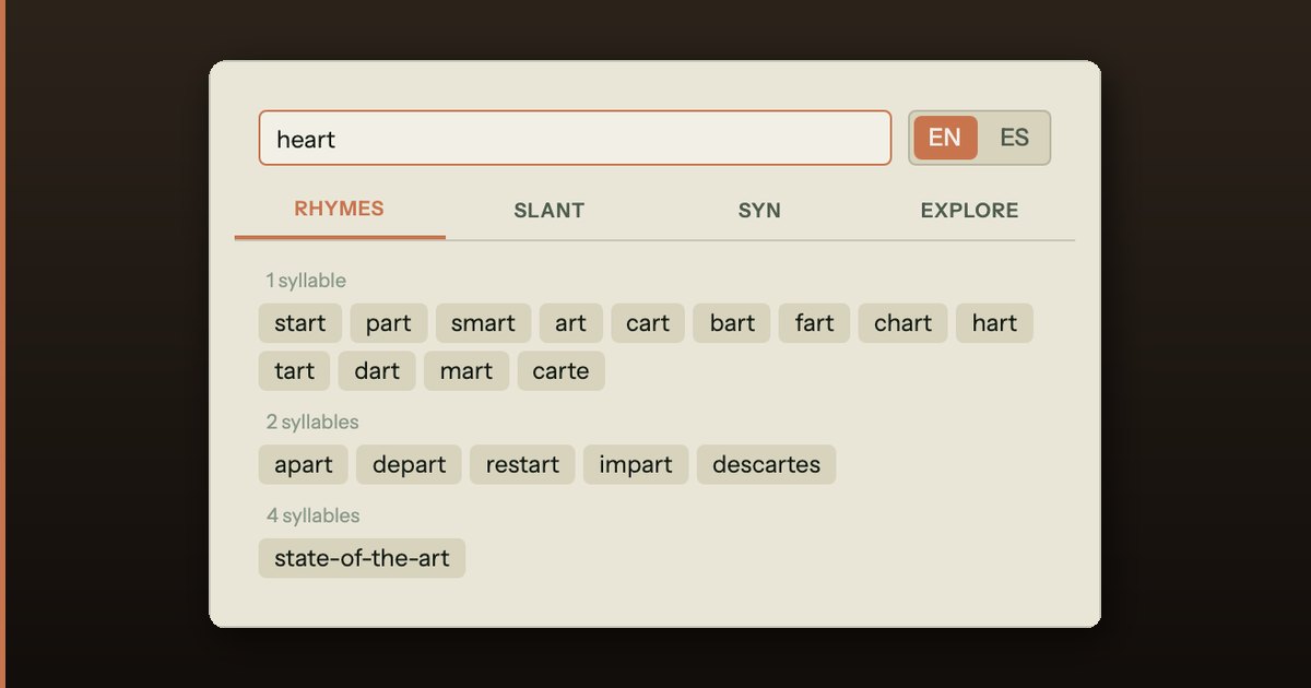 Song Cage Words panel showing rhymes for the word heart grouped by syllable count, beside the lyric workspace