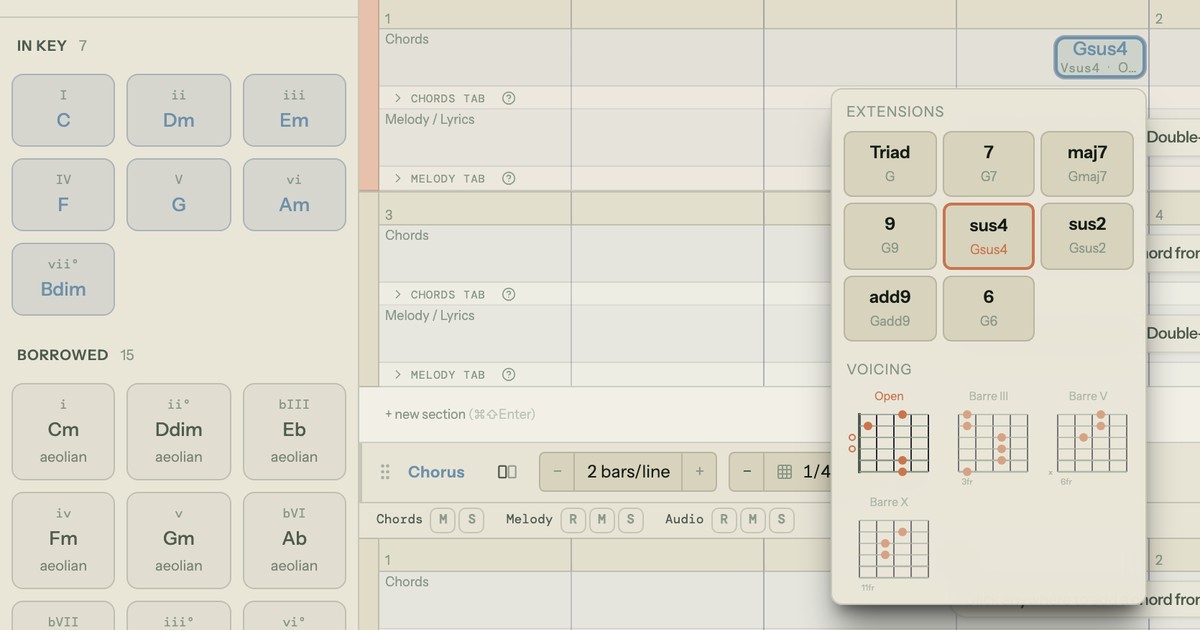 The Song Cage chord palette in C major with a G chord switched to sus4: the extensions panel shows sus4 (Gsus4) and sus2 (Gsus2), the chord is labeled Vsus4, and guitar voicings appear below